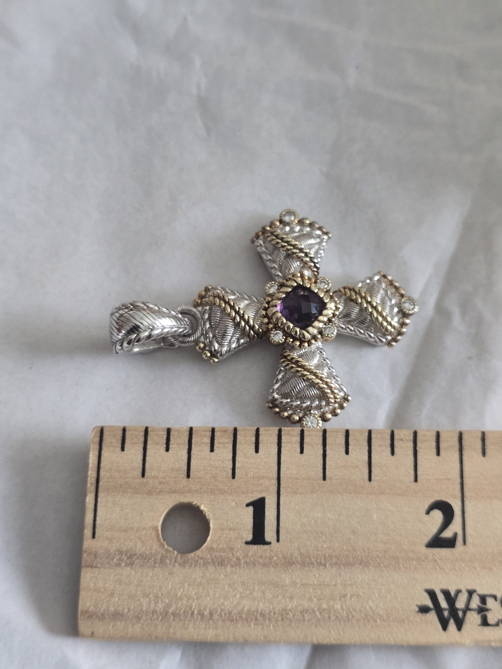 Vintage Judith Ripka Sterling Silver 14K Clad Amethyst CZ Cross Enhancer Pendant